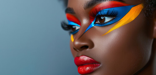 A woman with red and blue stripes painted on her face. The woman's makeup is bold. Beauty woman...