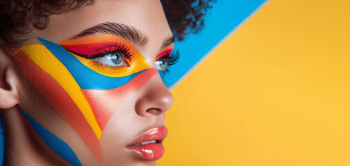A woman with red and blue stripes painted on her face. The woman's makeup is bold. Beauty woman bright makeup, style of bold colorism, geometric shapes in bright fashion pop art design. pop art style. - Powered by Adobe