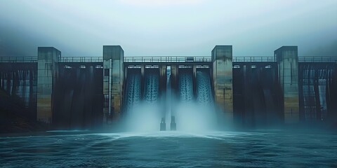 Hydroelectric dam releasing water for clean energy generation from reservoir in natural setting. Concept Hydropower, Renewable Energy, Reservoir Management, Sustainable Practices - obrazy, fototapety, plakaty