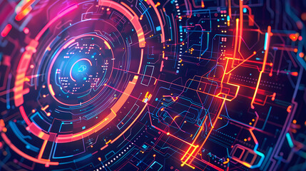 Fototapeta premium Illustration depicting a futuristic interpretation of cyberspace with abstract circuitry elements. Neon colors, glowing lines, and intricate details