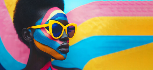 Fototapeta premium A woman with colorful face paint and sunglasses. background has a pattern of circles and dots. Beauty woman whit bright makeup, geometric shapes in bright fashion pop art design