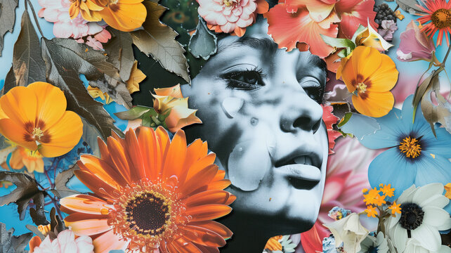 An exciting paper collage with a girl's face and flowers. A photograph symbolizing the celebration of Women's Day. AI generation.