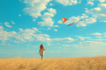 Girl Flying a Kite in the Golden Wheat Field