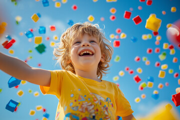 Happy Child with Colorful Building Blocks Falling