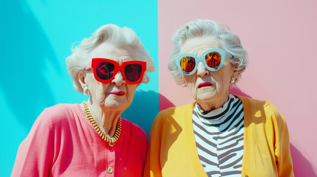 Two stylish older women dressed in bright street funky clothes, modern sunglasses on a bright pastel wall. Generative AI
