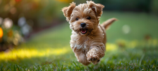 A happy small brown puppy frolicking in a sunlit garden with a blurred green background, showcasing the joy of pets