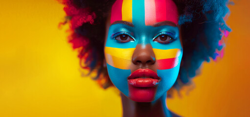 A woman with red and blue stripes painted on her face. The woman's makeup is bold. Beauty woman bright makeup, style of bold colorism, geometric shapes in bright fashion pop art design. pop art style.