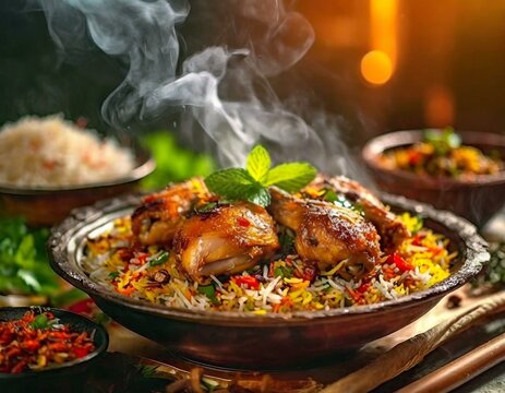 Classic style painting of a steaming plate of chicken biryani served with aromatic spices