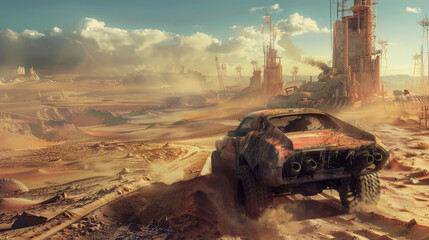 Old rusty car in desert at post apocalypses, view of vintage vehicle and futuristic buildings like fantasy movie. Concept of dystopia, steampunk, technology and apocalyptic future - obrazy, fototapety, plakaty