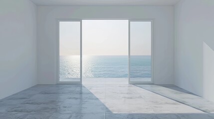 Fototapeta premium 3D rendering of an empty room with a sliding glass door and a view of the sea