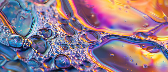 Obraz premium Color liquid texture background, abstract waves of oil or water with rainbow gradient. Concept of multicolored bubble surface, pattern, iridescent, design