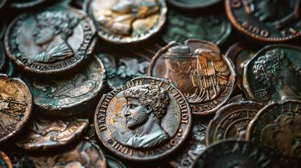 Fototapeta na wymiar Old Ancient coins background, pile of vintage bronze Greek Roman money close-up. Concept of Greece, antique, collection, currency, treasure and histor