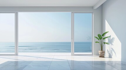 Fototapeta premium 3D rendering of an empty room with a sliding glass door and a view of the sea