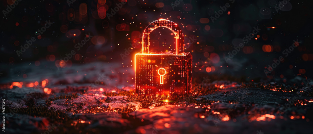 Poster secure digital space, red hot cyber padlock on dark data background, protection of computer informat