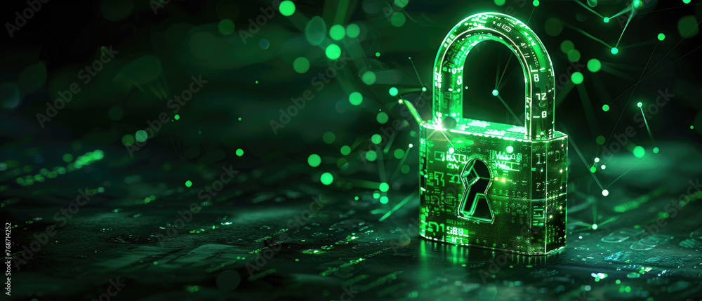 Poster secure digital space, cyber padlock on green dark data background, protection of computer informatio