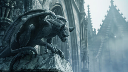 Gargoyle on Gothic cathedral, old monster statue in mist closeup. Vintage stone demon sculpture on church wall background. Concept of scary chimera, devil and fantasy. - obrazy, fototapety, plakaty