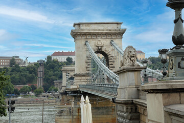 Chain Suspension Bridge Over Danube River in Budapest Hungary