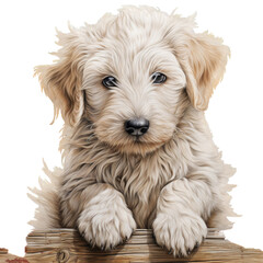 cute puppy hold on wooden crate 