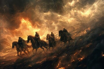 Four horsemen of the apocalypse riding through stormy sky, digital painting illustration - obrazy, fototapety, plakaty