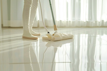 Floor cleaning with mob on a beautiful white floor, floor cleaning products, Clearing company - obrazy, fototapety, plakaty