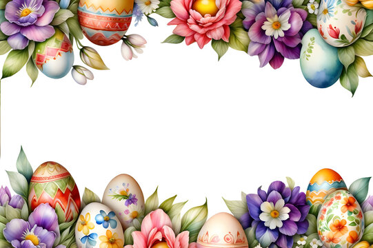 border fame made of Easter eggs in flowers and leaves pattern with blank text space isolated on transparent background