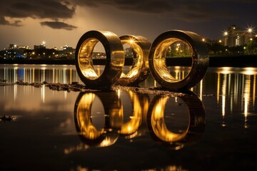 Riverside Reflections: Rings on a riverbank with reflections of city lights. - obrazy, fototapety, plakaty