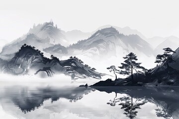 Chinese landscape painting depicts mountains and trees in the ink style with a white background