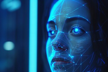 Futuristic facial recognition scan of beautiful woman's face, ensuring personal safety and security, 3D illustration