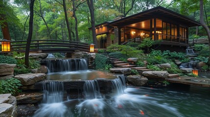 Tranquil Japanese Garden with Waterfalls and Wooden Bridge