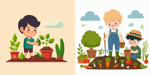 set Vector Illustration of kids gardening