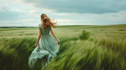 Woman walking in green windy field with tall grass wearing long dress  - obrazy, fototapety, plakaty