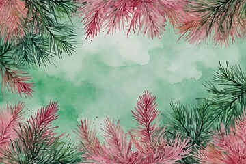 watercolor christmas background with green and pink fir branches frame