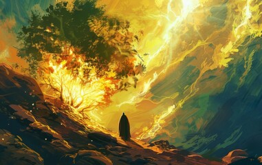 God appearing to Moses in the burning bush on Mount Sinai, biblical scene, digital painting