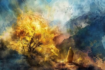 God appearing to Moses in the burning bush on Mount Sinai, biblical scene, digital painting