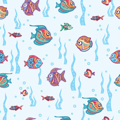 Seamless Pattern with Decorative fishes and Corals - 768716280