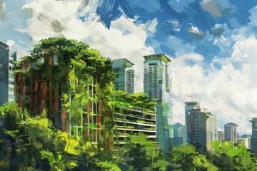 Green Rooftops and Vertical Gardens in Modern Sustainable City, Eco-Friendly Urban Planning, Digital Painting - obrazy, fototapety, plakaty