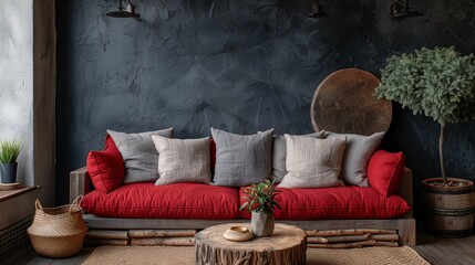 Modern Rustic Living Room with Red Sofa and Wooden Decor