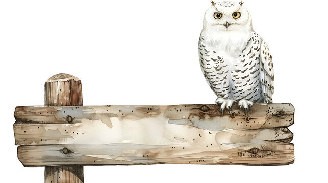 Wooden sign and snowy owl character sitting on it, generative ai