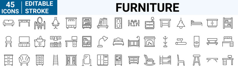 Furniture web line icons set. Kitchen, bedroom, sofa table, bookcase closet, chair, mattress, lamps, ladder vector illustrations. Outline signs of house interior, editable stroke.