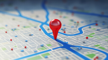 Realistic Red Pin Marker on a Detailed City Map - obrazy, fototapety, plakaty