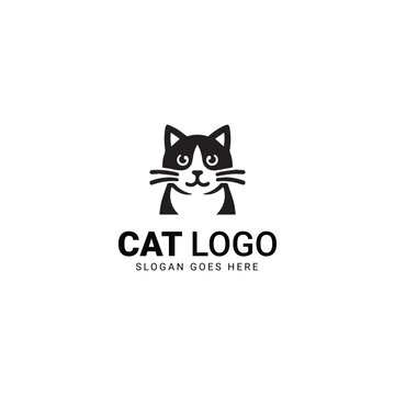 Whimsical cat face with crossed whiskers logo