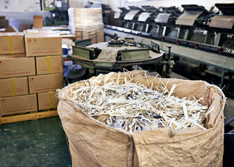 Machinery, paper or boxes in packaging, factory or workshop of industrial, product or manufacturing. Automation, technology or tools as electric, mechanical or efficiency in production plant process