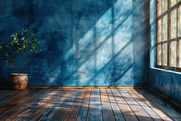 Blue turquoise empty wall and wooden floor with interesting with glare from the window