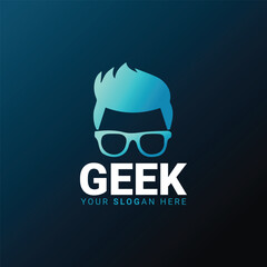 Modern geek logo with blue hair and sunglasses