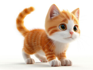 A small orange and white kitten standing on a white surface.