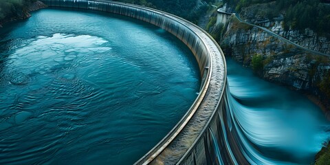 Aerial view of a water dam reservoir in the Alps mountains generating hydroelectricity. Concept Alps Mountains, Aerial View, Water Dam Reservoir, Hydroelectricity, Energy Generation - obrazy, fototapety, plakaty