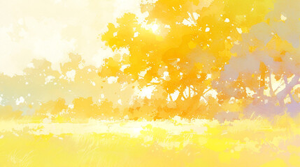 黄色を基調とした樹木と平原の抽象的な水彩イラスト風景