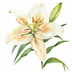 Obraz premium Watercolor lily art pristine petals, lush green stems, clipart, watercolor illustration clipart, isolated on white background