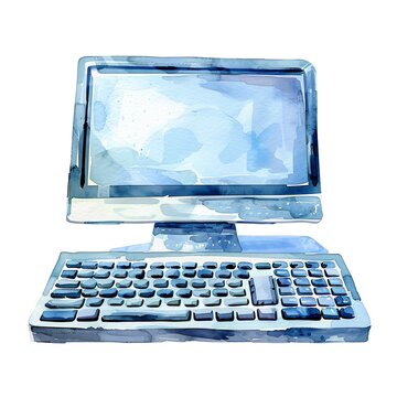 Computer and keyboard, clipart, watercolor illustration clipart, isolated on white background