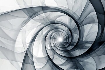 Harmonious spiral patterns in shades of gray on white background, abstract art composition, digital illustration